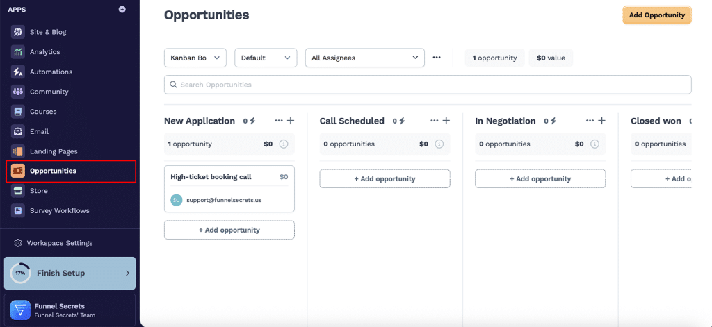 Create an opportunity or sales pipeline for the application funnel inside Clickfunnels dashboard