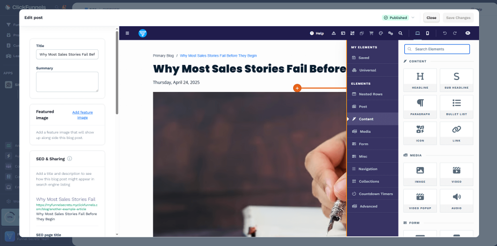 clickfunnels blog drage and drop page editor