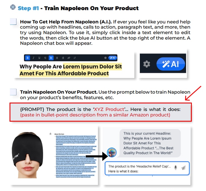 Trey Lewellen showing how to train Napoleon (A.I) on your product with a prompt