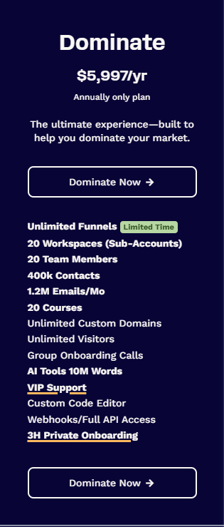 clickfunnels pricing: The Dominate plan