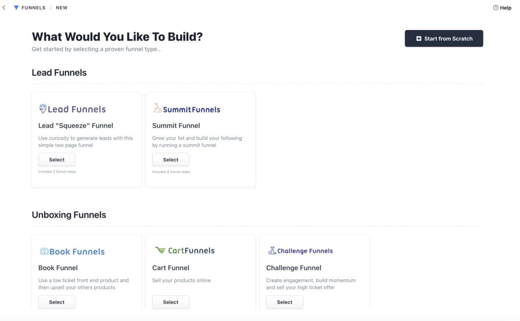 Different type of funnel templates in Clickfunnels 2.0