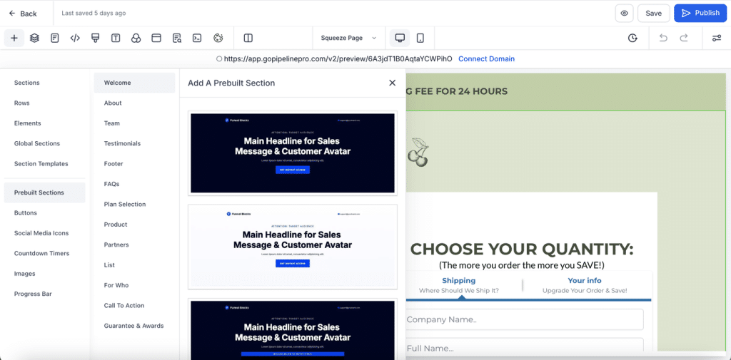 Pipeline Pro pre-made section templates