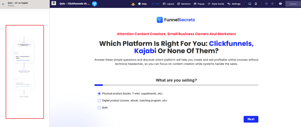 funnel workflow inside page editor