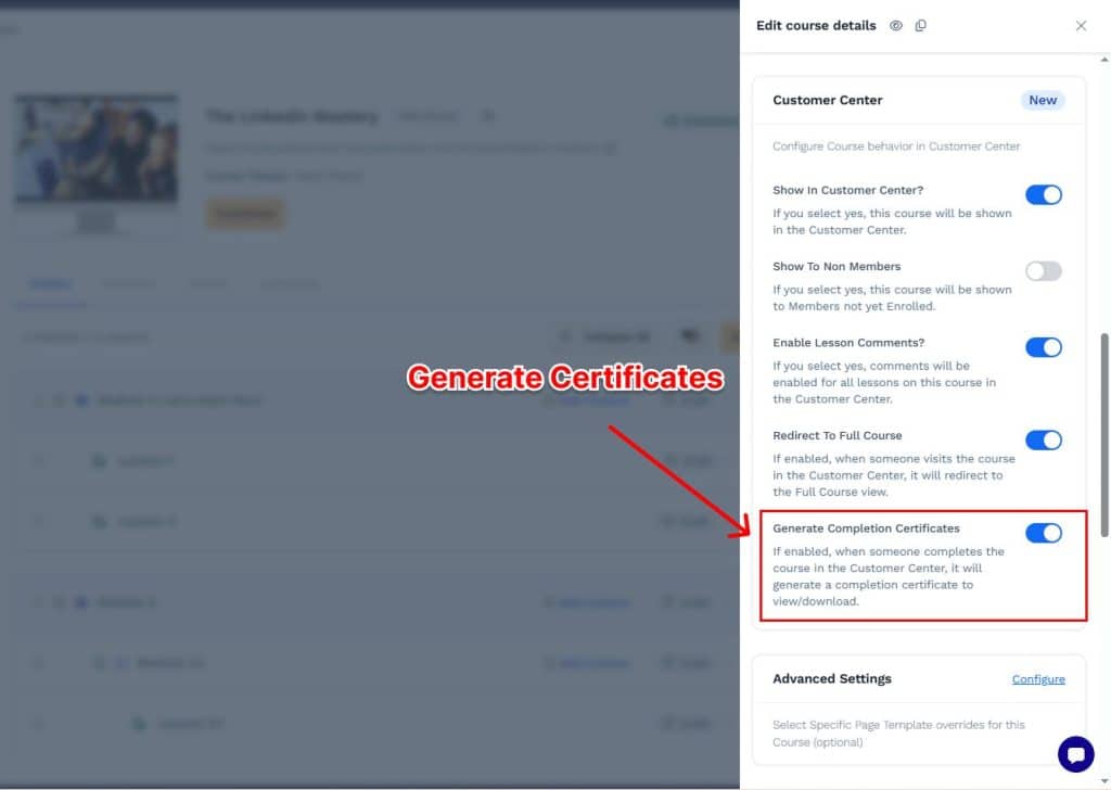 clickfunnels course certificate setting