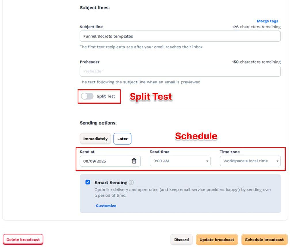 clickfunnels email broadcast setting