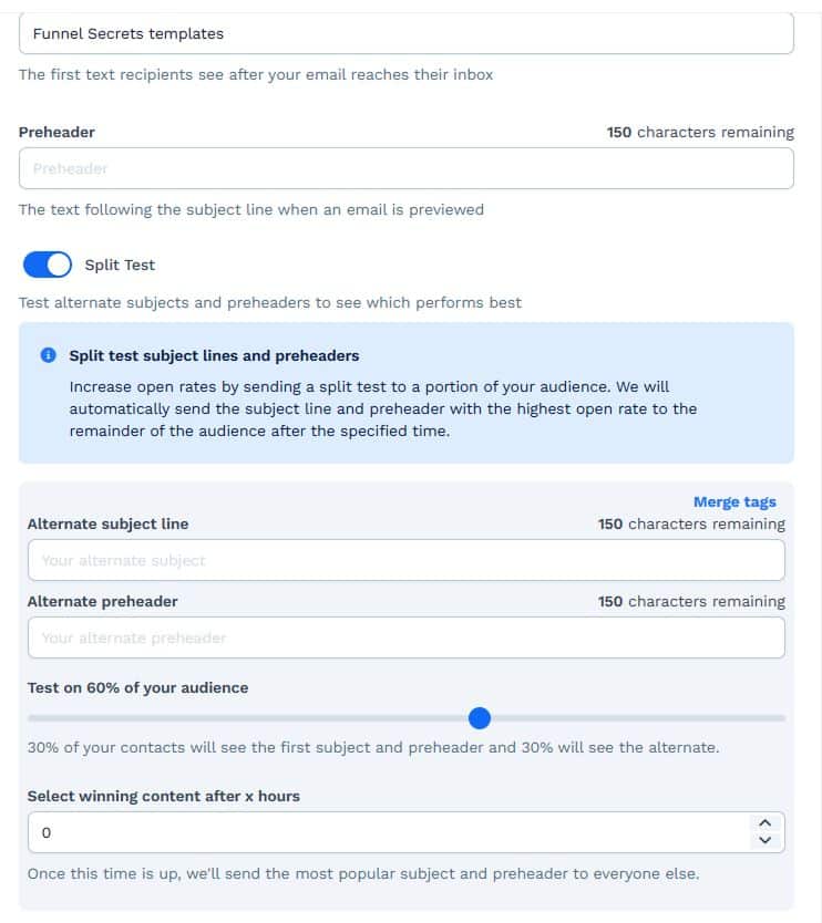 clickfunnels email broadcast split test