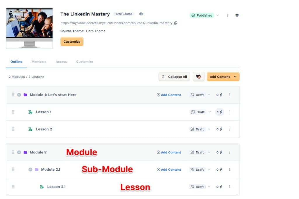 clickfunnels 2.0 course builder nested lessons