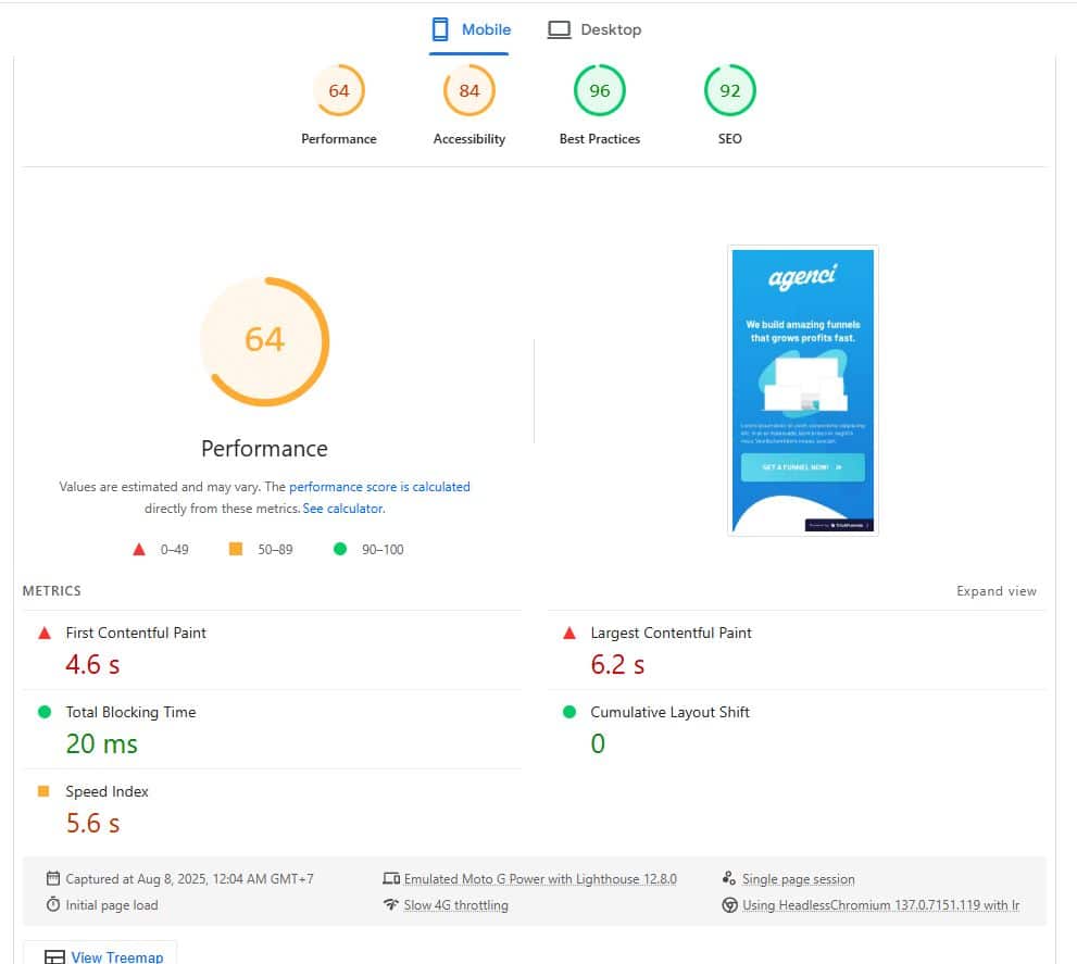 clickfunnels page speed test google mobile 64/100